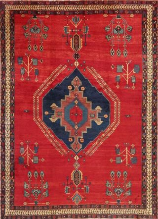 Vintage Geometric Oriental Area Rug Wool Hand - Knotted Medallion 6 X 8 Red Carpet