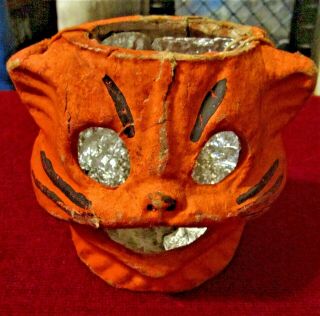 Vintage Halloween Paper Mache Pulp 5 " Orange Cat Jack O Lantern 1940 