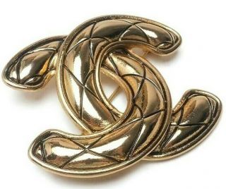 Chanel Paris Vintage Revival " Cc " Gold Quilted Brooch Pin Authentic