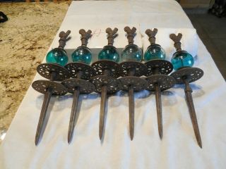 Vintage Cast Iron Hose Guide/garden Stakes With Glass Globes & Roaster Tops