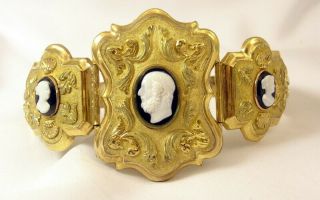 Vintage Ornate 1900 Victorian Fancy Gold Tone Gilt Cameo Wide Link Bracelet