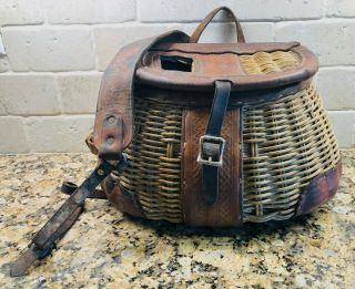 Antique Vintage Wicker Willow Fishing Creel Basket W/leather Shoulder Strap Trim