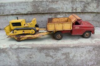 Vintage Tonka Dump Truck Red And Yellow With Trailer And Bulldozer Pressed Steel