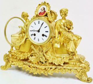 Antique French Sevres Shakespeare Porcelain Mantel Clock 8 Day Bronze Ormolu 8