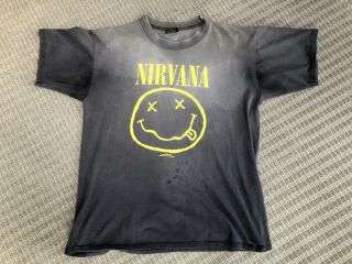 Vintage 90s Brockum Nirvana Smiley Face T - Shirt L Large 1992 Distressed Grunge