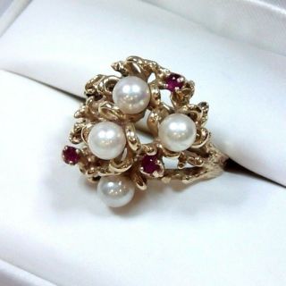 Estate Vintage Akoya Pearl & Red Ruby Cluster Ring 14k Yellow Gold - Size 8