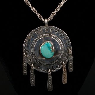 Vtg Sterling Silver Navajo Stamped Concho Turquoise Pendant 36 " Necklace - 57.  5g