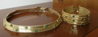 Vintage Crown Trifari Gold Tone Woven Necklace & Bracelet With Green Rhinestones
