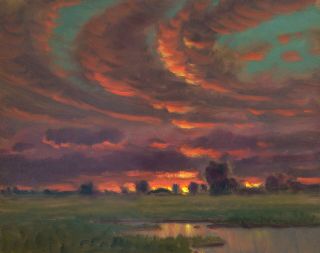 Oil Painting Landscape Vintage Red Clouds Art Signed Craftsman Farm Max Cole
