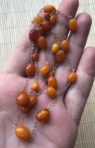 Old Geniune Natural Antique Baltic Vintage Amber Jewelry Gold Necklace Gemstone