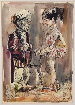 Vintage Mid - Century Watercolor Painting Circus Dwarf W Little Girl In Tutu Locca