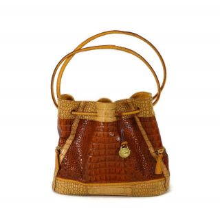 Vintage Brahmin M Brown Croc Embossed Leather Draw String Bucket / Tote Bag