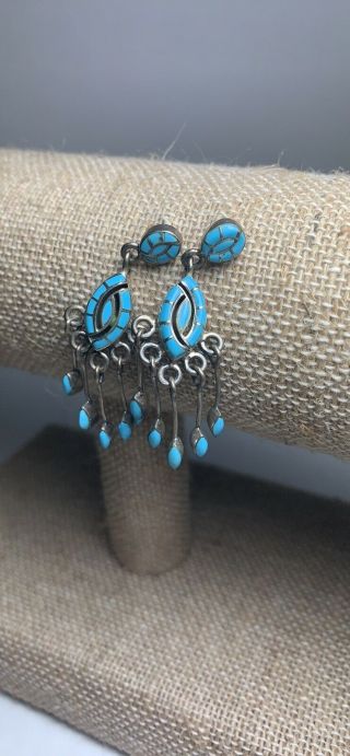 Vintage Zuni Sterling Silver & Petitpoint Turquoise Cluster Earrings W/ Dangles