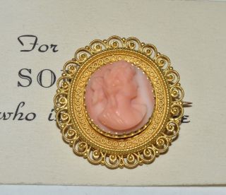 Antique Vtg 18k Gold Angel Skin Coral Carved Cameo Pin Brooch