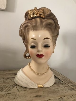 Vintage 1963 Inarco No E - 1068 Lg Lady Head Vase Jewels & Crown