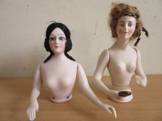 2 Antique French Style Bisque Half Dolls With Jointed Arms And Wigs,  German 1920