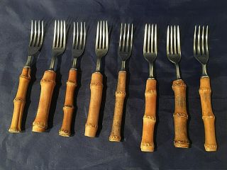 8 Vintage Natural Tiki Bamboo Handle Forks Stainless