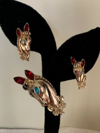 Rare Vintage Coro Horse Head Rhinestone Pin / Brooch Earrings Set