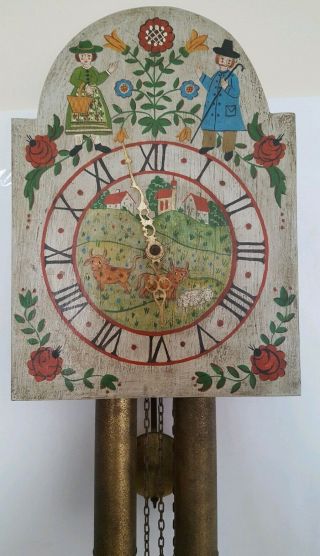 Antique Vintage Wag On The Wall Clock German Folk Art Hand Painted Wood Shield