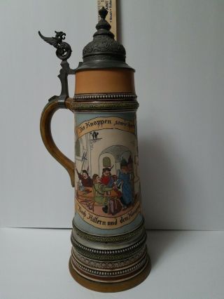 Hr Hauber & Reuther Rare 435 Antique German Etched Lidded Beer Stein