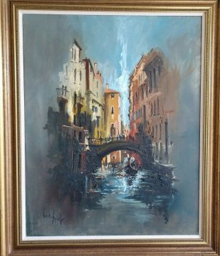 Mid Century Oil On Canvas By Ben Maile Of Venice Canal And Gondola