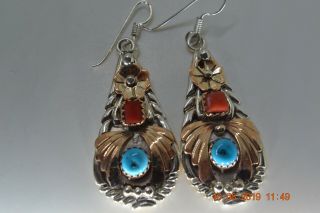 Vintage Native American Navajo Sterling Silver Turquoise Coral Earrings Feather