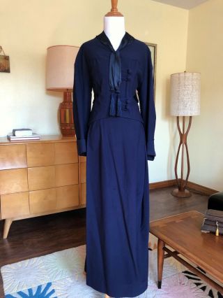 1900s Edwardian Dress Set Antique 2 Piece Walking Suit Skirt Jacket Blue Wool