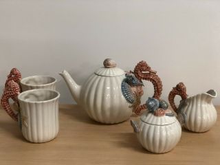 Vintage Fitz & Floyd Seahorse Seashell Nautical Teapot Cream Sugar Bowl & 2 Mugs