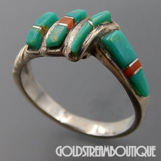 Vintage Signed Zuni Sterling Silver Turquoise Asymmetric Band Ring Size 6.  5