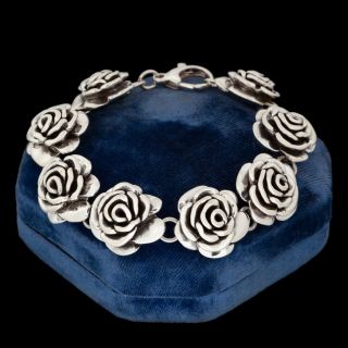 Antique Vintage Art Deco Mid Century Style Sterling Silver Puffy Floral Bracelet