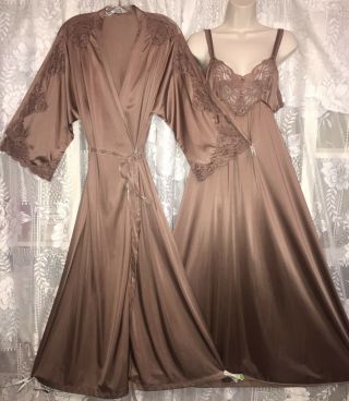 Vtg Miss Elaine Milk Chocolate Butter Soft Peignoir Robe Nightgown Gown Set M,