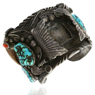 Huge Vintage Navajo Sterling Silver Turquosie Coral Claw Watch Cuff Bracelet