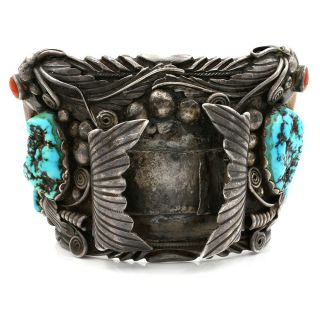Huge Vintage Navajo Sterling Silver Turquosie Coral Claw Watch Cuff Bracelet 2