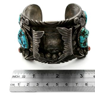 Huge Vintage Navajo Sterling Silver Turquosie Coral Claw Watch Cuff Bracelet 3