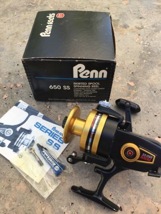 Vintage Penn 650 Ss High Speed 4.  8:1 Spinning Reel W Box,  Paperwork & Spare Part