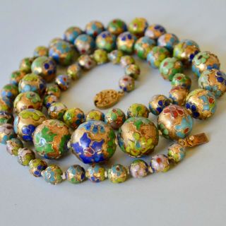 Vintage Mid Century Chinese Long Cloisonne Bead Necklace Gold Tone Clasp 74cm