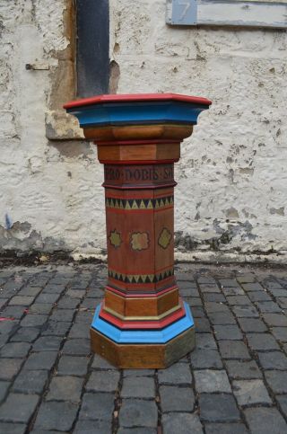 Oak Baptismal Church Font With Hand Painted Colourful Detail Plant Statue Holder