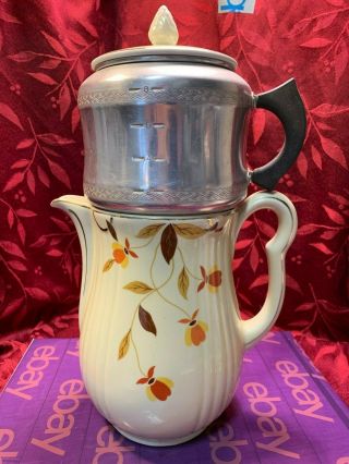Vintage Hall Pottery Jewel Tea Autumn Leaf Pattern 8 Cup Rayed Coffee Pot & Drip