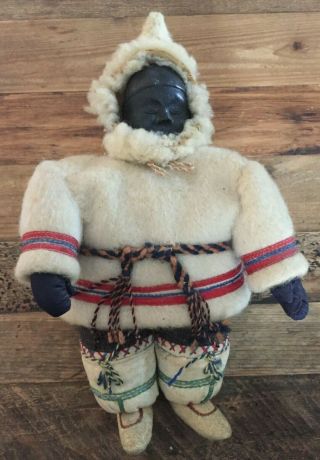 Vintage Canadian Inuit Eskimo Doll Hand Carved Soapstone Black Stone Face 1900 