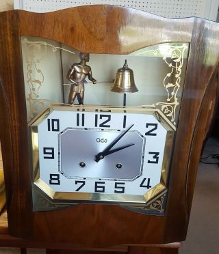 Vintage French Odo Animated Wall Clock Man Strikes A Bell Hammer Chime Chiming