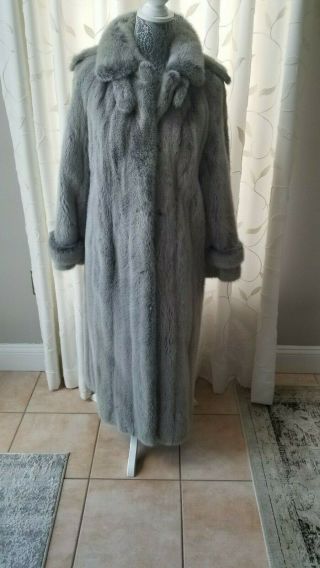 Vintage Gray Full Length Fur Mink Coat Collared Epaulettes Size 12 Trench Tuxedo
