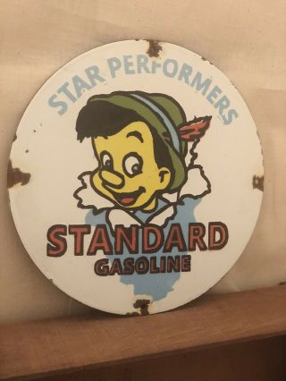 Vintage Standard Gasoline Porcelain Gas Pinocchio Mickey Pump Walt Disney Sign