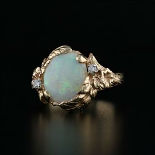 Vintage Floral Opal & Diamond Ring - 14k Yellow Gold Size 7.  5 Flower Accents