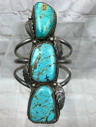 Huge Vintage Old Pawn Navajo Sterling Silver 3 Turquoise Cuff Bracelet 74g
