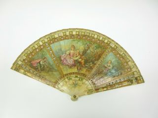 Incredible French 19th C Fully Painted Vernis Martin Ladies Hand Fan 6 1/4 "