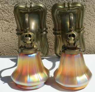 Pair Antique Vintage Stueben Art Glass Shade Sconce Wall Light Fixture