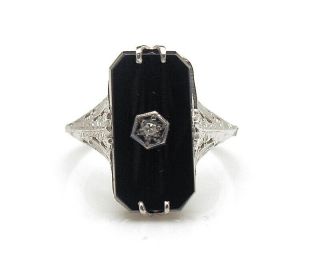 Vintage 14k White Gold Black Onyx And Diamond Ring