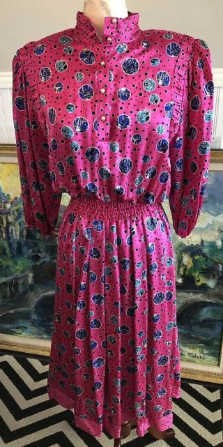 Vtg 80s Diane Freis Hot Pink Print Blouson Georgette Silk Dress Pearl Buttons M