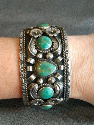 Vtg Signed Rose Castillo Navajo Sterling Silver Royston Turquoise Cuff Bracelet 4