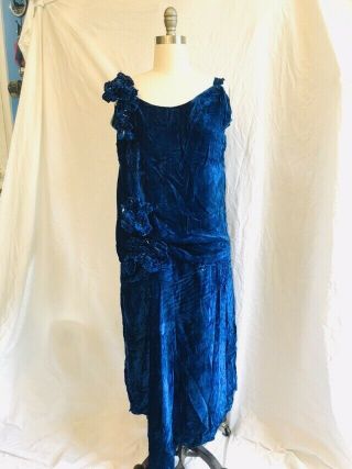 1920s Vintage Blue Silk Velvet Dress